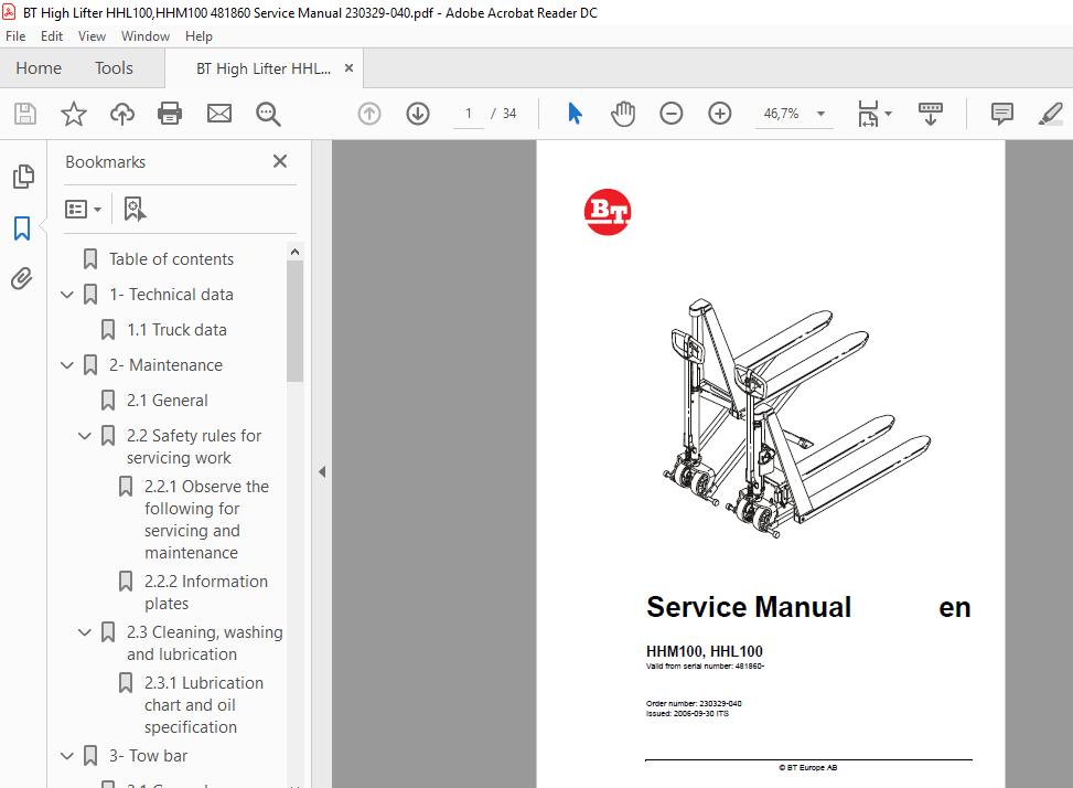 BT High Lifter HHL100,HHM100 481860 Service Manual 230329040
