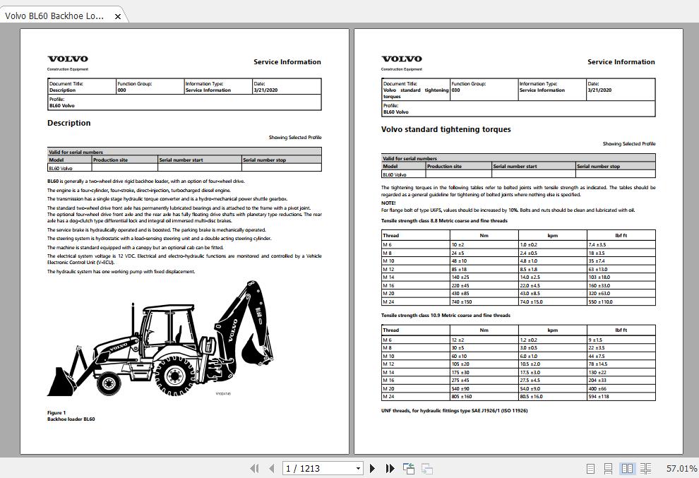 Volvo BL60 Backhoe Loader Service Manual and Parts Manual New 2020