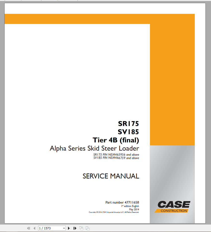 Case Alpha Series Skid Steer Loader SR175 SV185 Tier 4B Service Manual