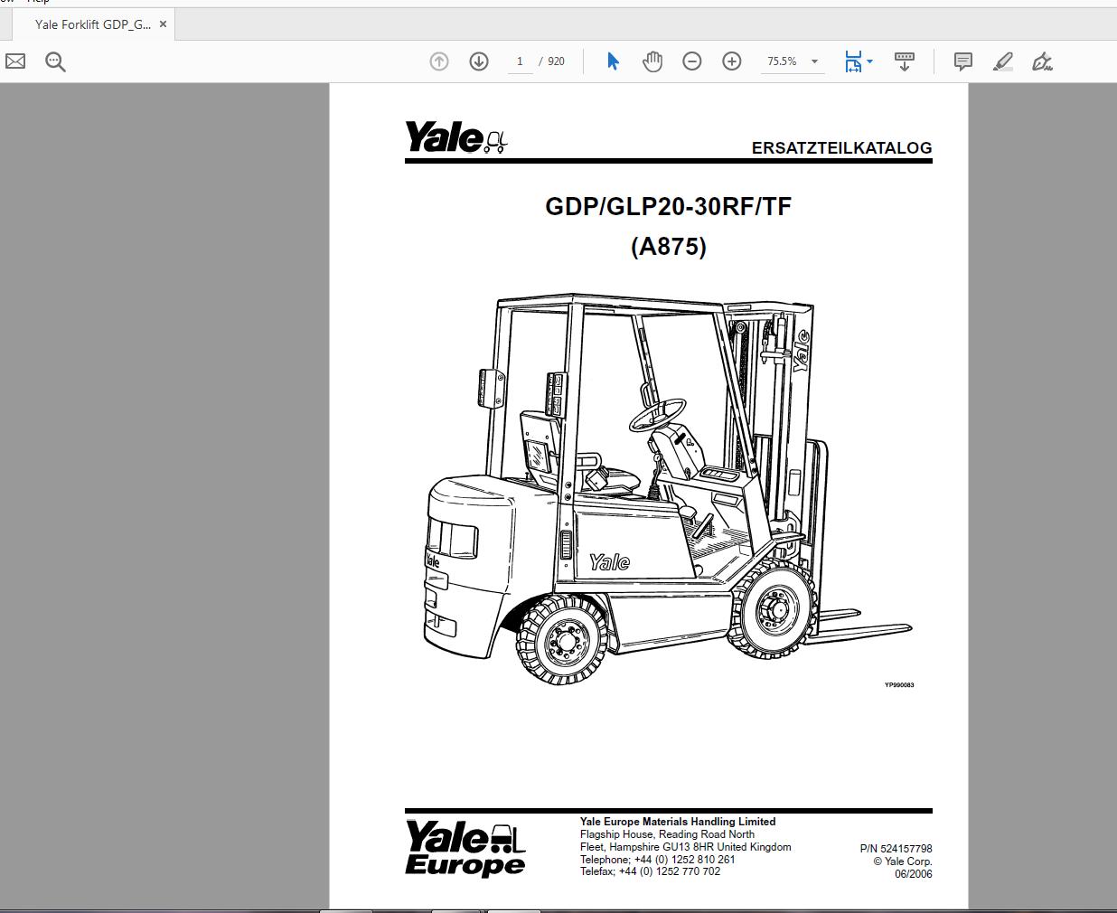 Yale Forklift GDP_GLP2030RF_TF (A875) 524157798 Parts Catalog(06_2006)