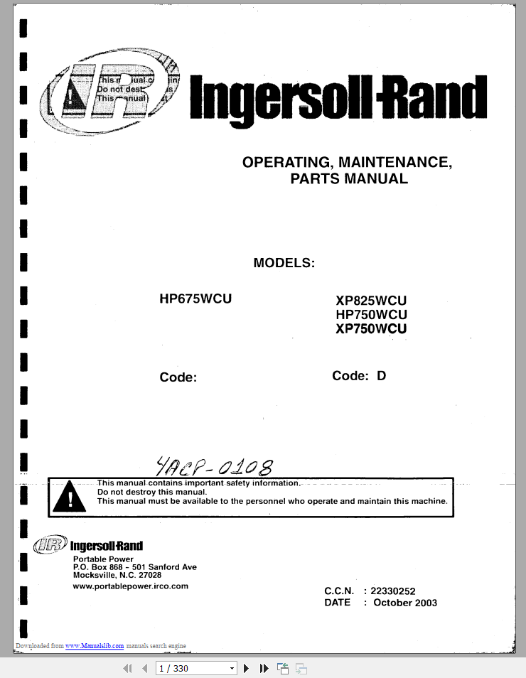 Ingersoll Rand XP825WCU HP750WCU XP750WCU Operating & Maintenance Parts