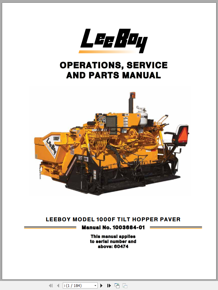 LeeBoy 1000F Hopper Paver Operator, Service & Part Manual_EN