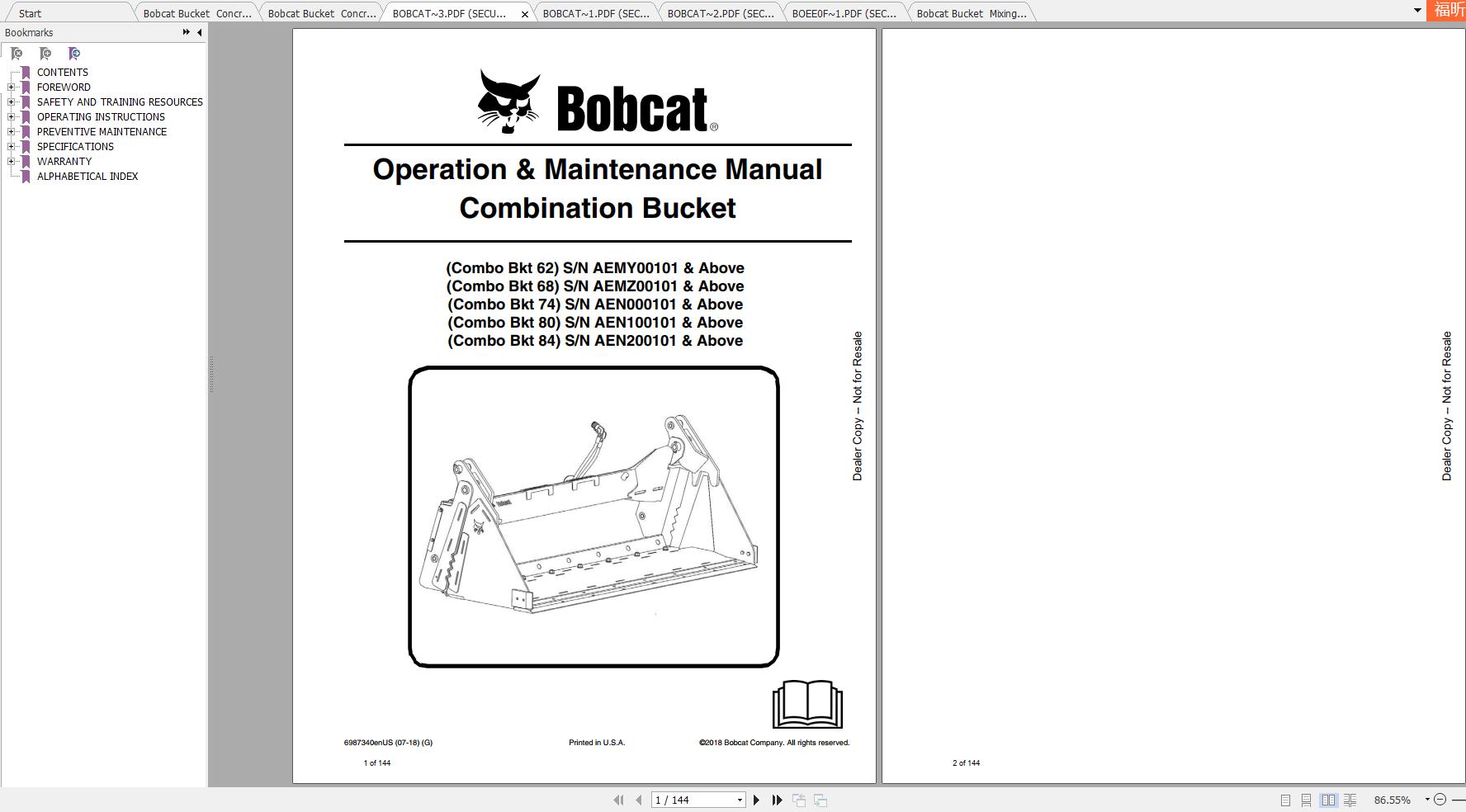 Bobcat CombinationConcreteMixing Bucket Operation & Maintenance Manuals