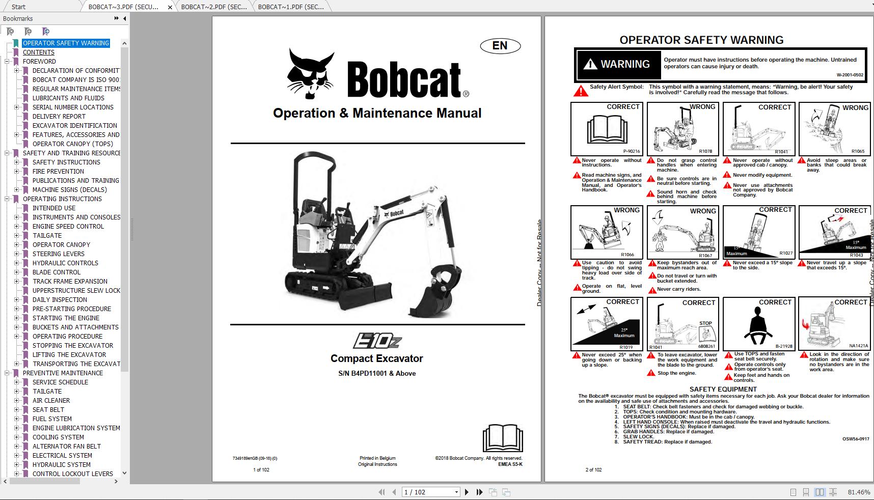 Bobcat Compact Excavator E10 E10z Operation & Maintenance Manuals