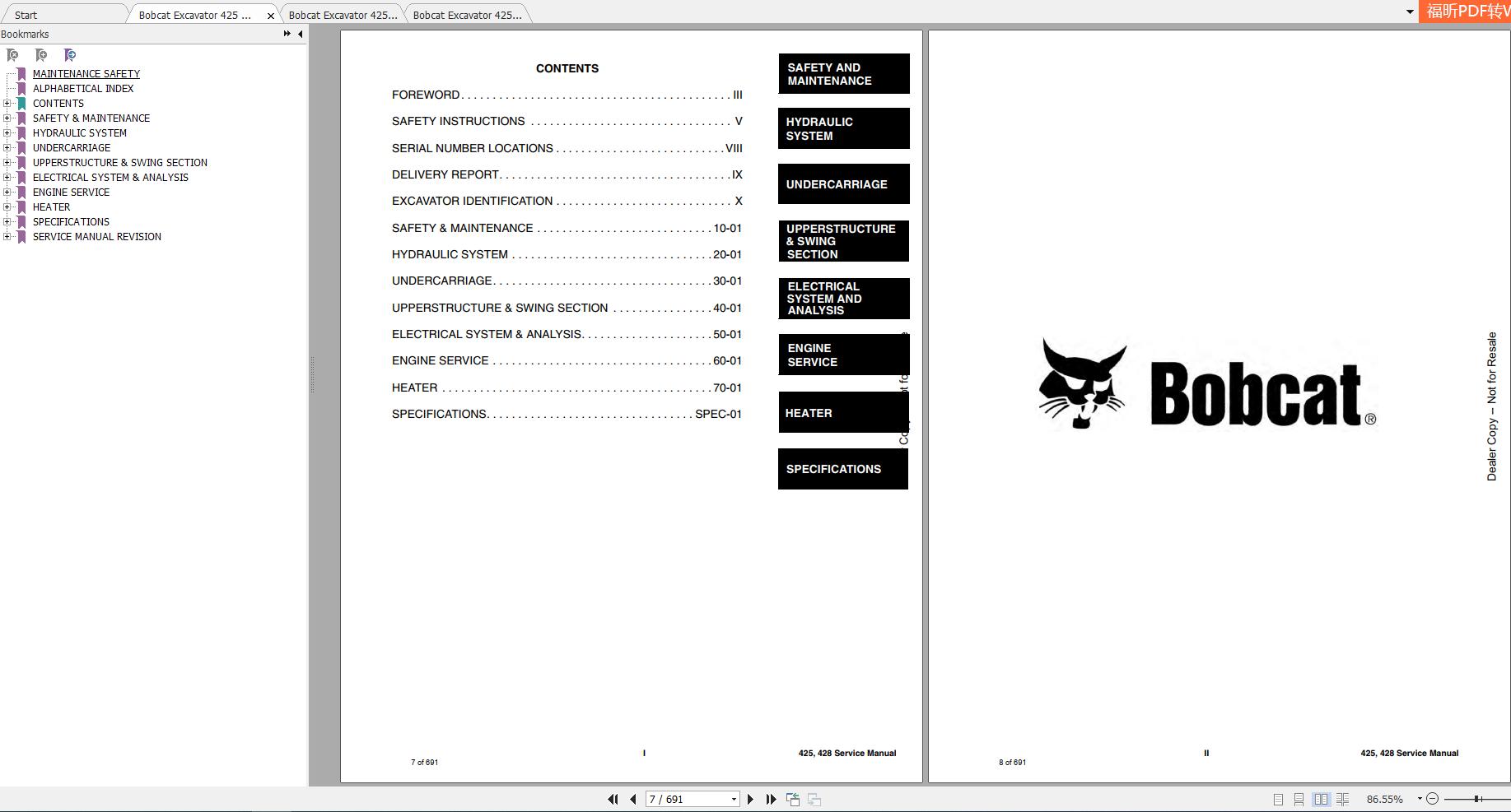 Bobcat Excavator 425 428 Service Manuals