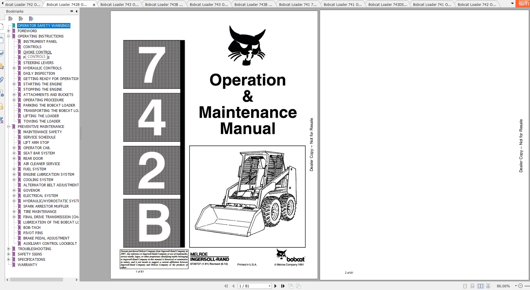 Bobcat Loader 741 742 743 Operation & Maintenance Manuals