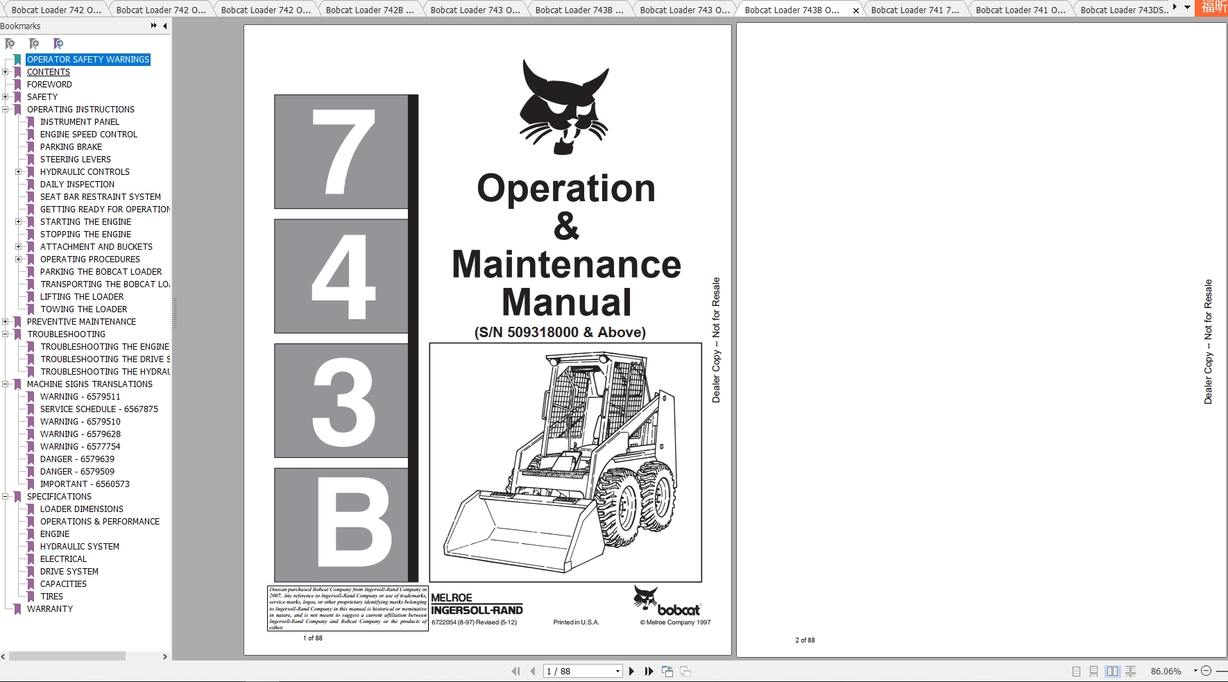 Bobcat Loader 741 742 743 Operation & Maintenance Manuals