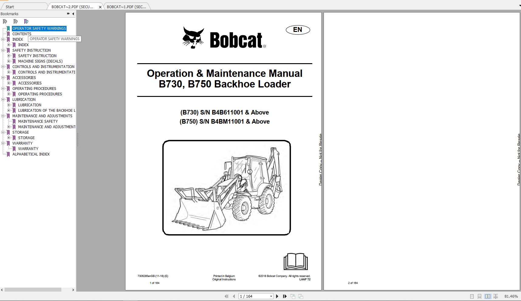 Bobcat Loader Backhoe B730 B750 B780 Operation & Maintenance Manuals