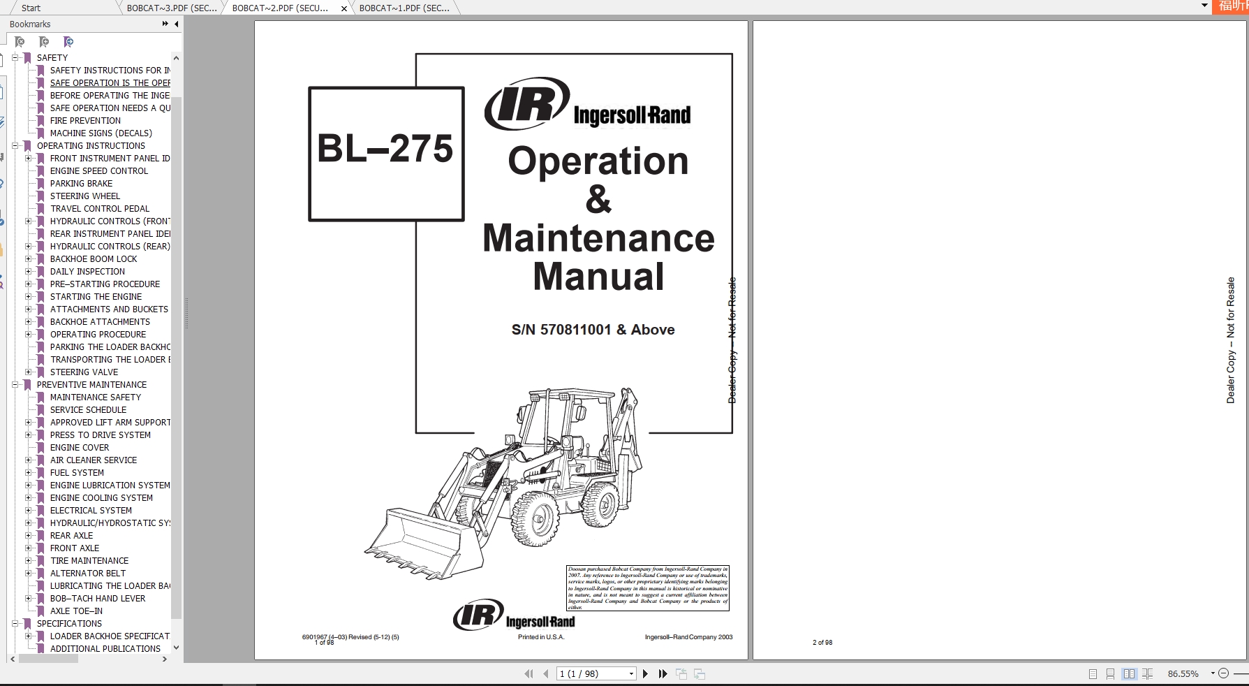 Bobcat Loader Backhoe BL275 (B Series) Operation & Maintenance Manuals