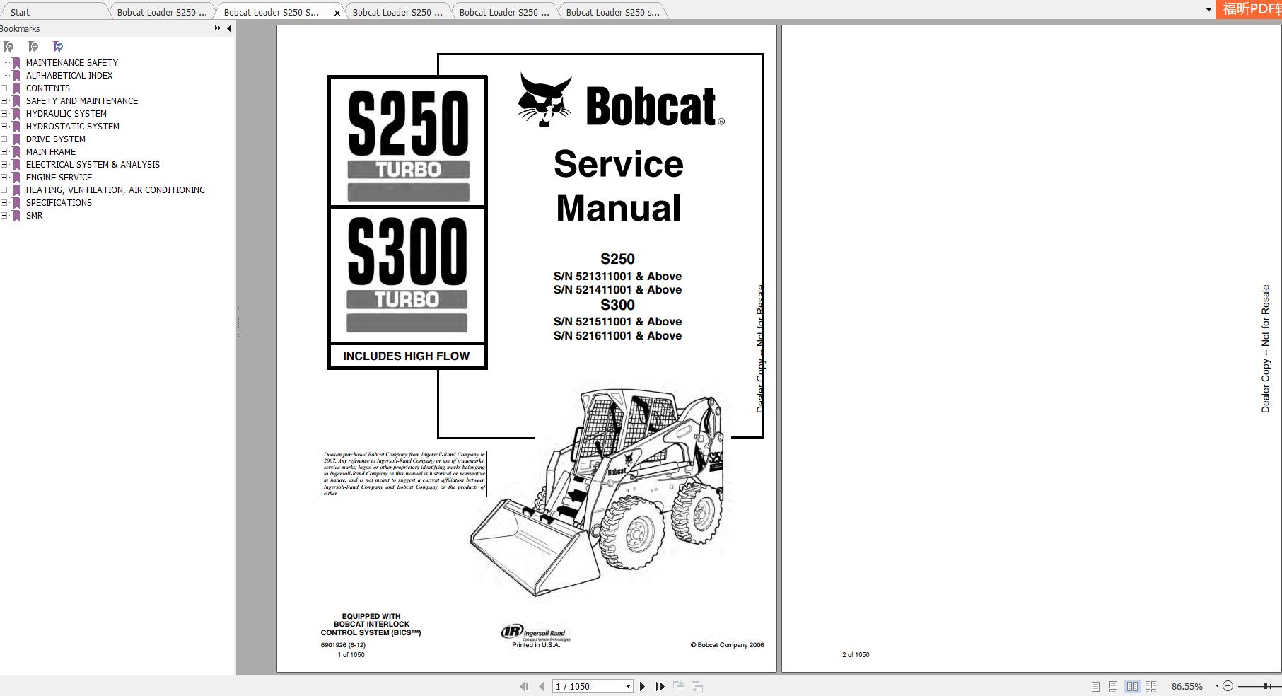 Bobcat Skid-Steer Loader S250 S300 Service Manuals