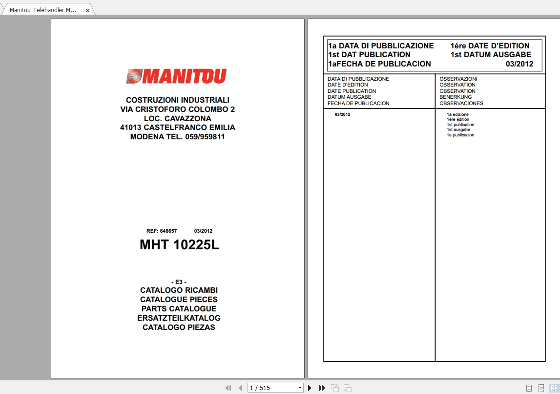 Manitou Telehandler MHT 10225L Parts Catalogue_648657