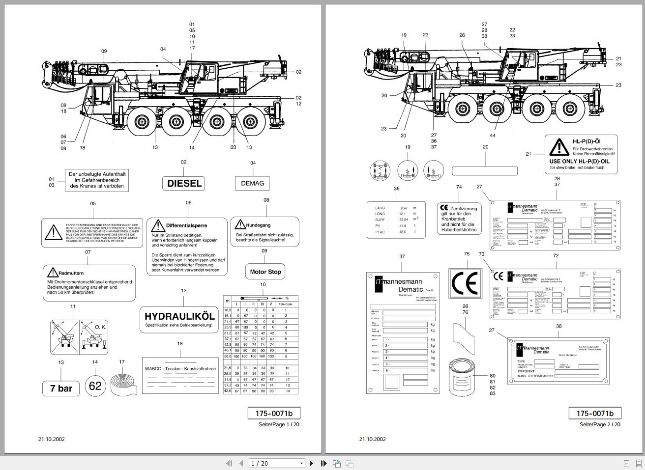 Terex Demag Mobile Crane AC802 80 ton Operator Manual and Parts
