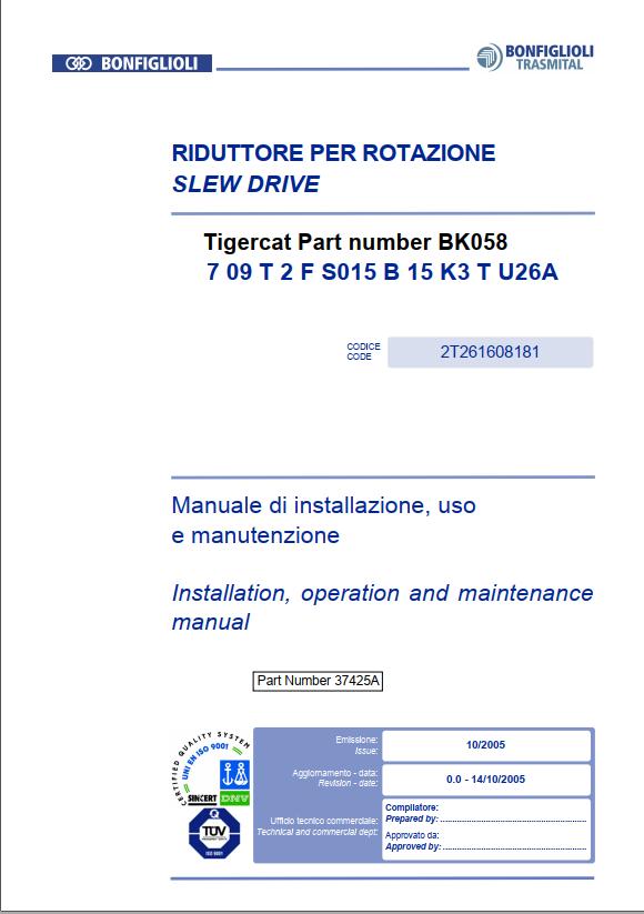 Tigercat Bonfiglioli Swing Gearbox BK058 Manual_37425A_ITA