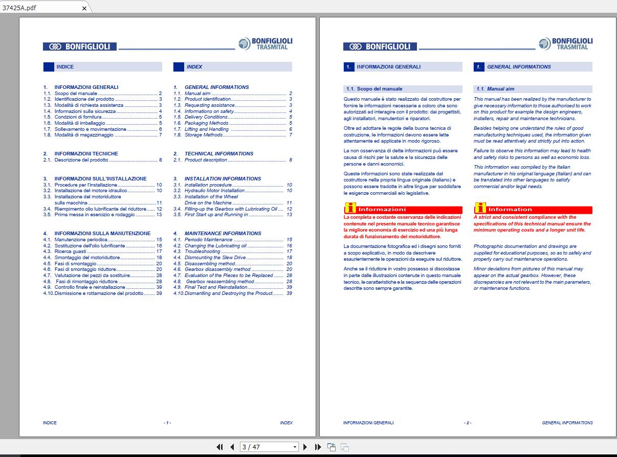 Tigercat Bonfiglioli Swing Gearbox BK058 Manual_37425A_ITA