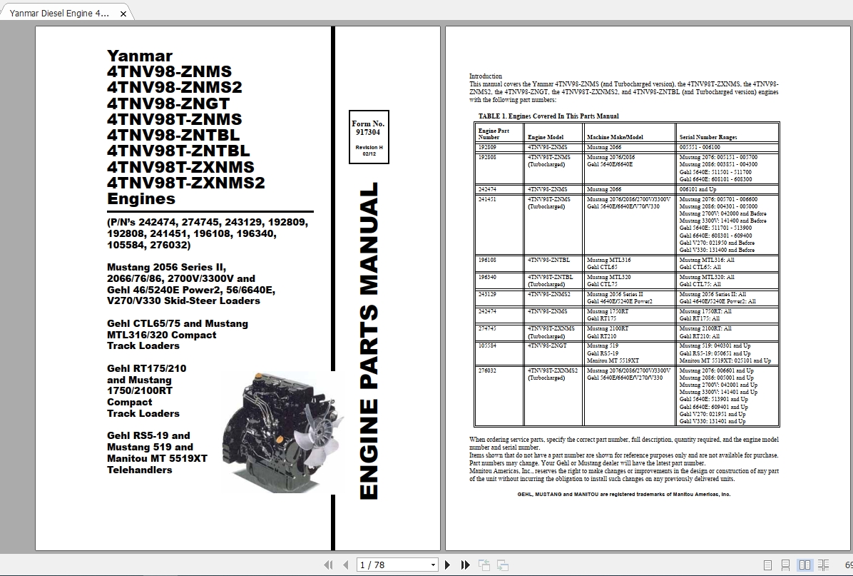 Yanmar Diesel Engine 4TNV98 Series Parts Manual_917304