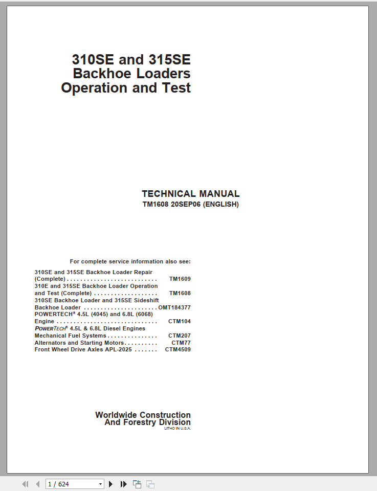 John Deere Backhoe Loaders 310SE 315SE Operation & Test Technical Manual_EN