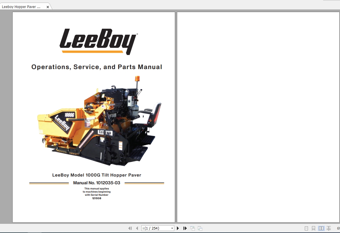 Leeboy Hopper Paver 1000G Tilt Operations, Service And Parts Manual
