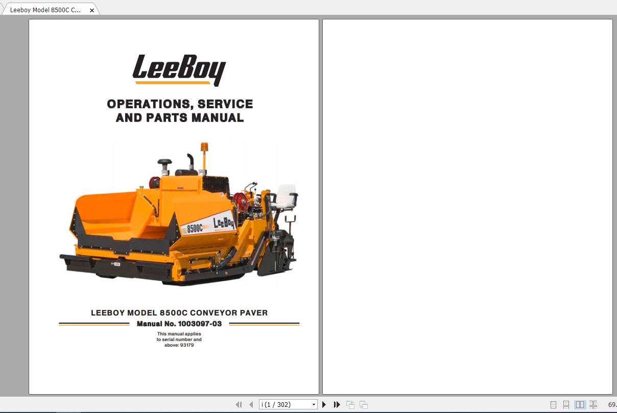 Leeboy Model 8500C Conveyor Paver Operations, Service And Parts Manual