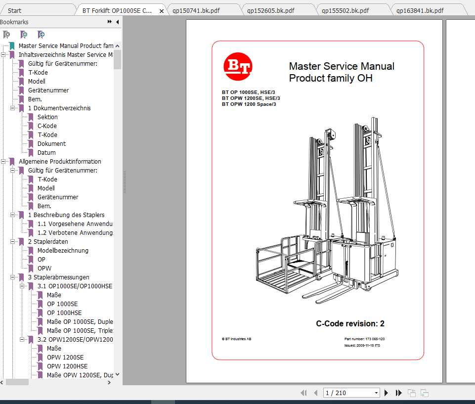 BT Forklift OP1000SE C Spare Parts Catalog, Operator & Service Manual