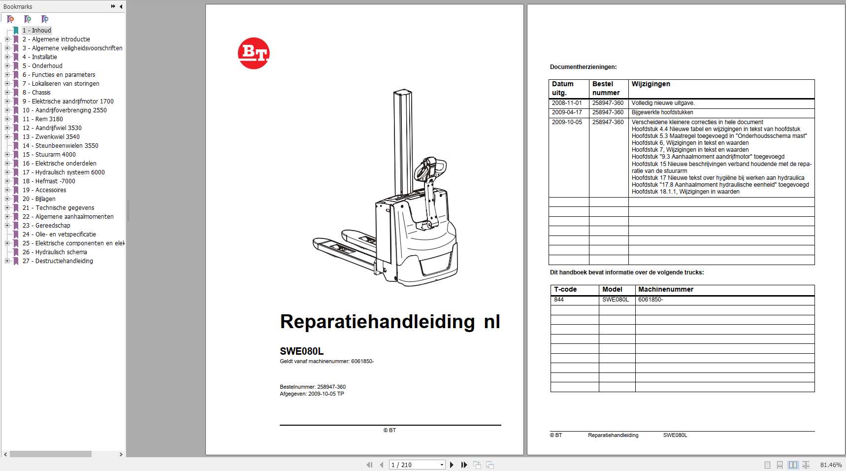 BT Pallet Stacker SWE080L Repair Manual_NL