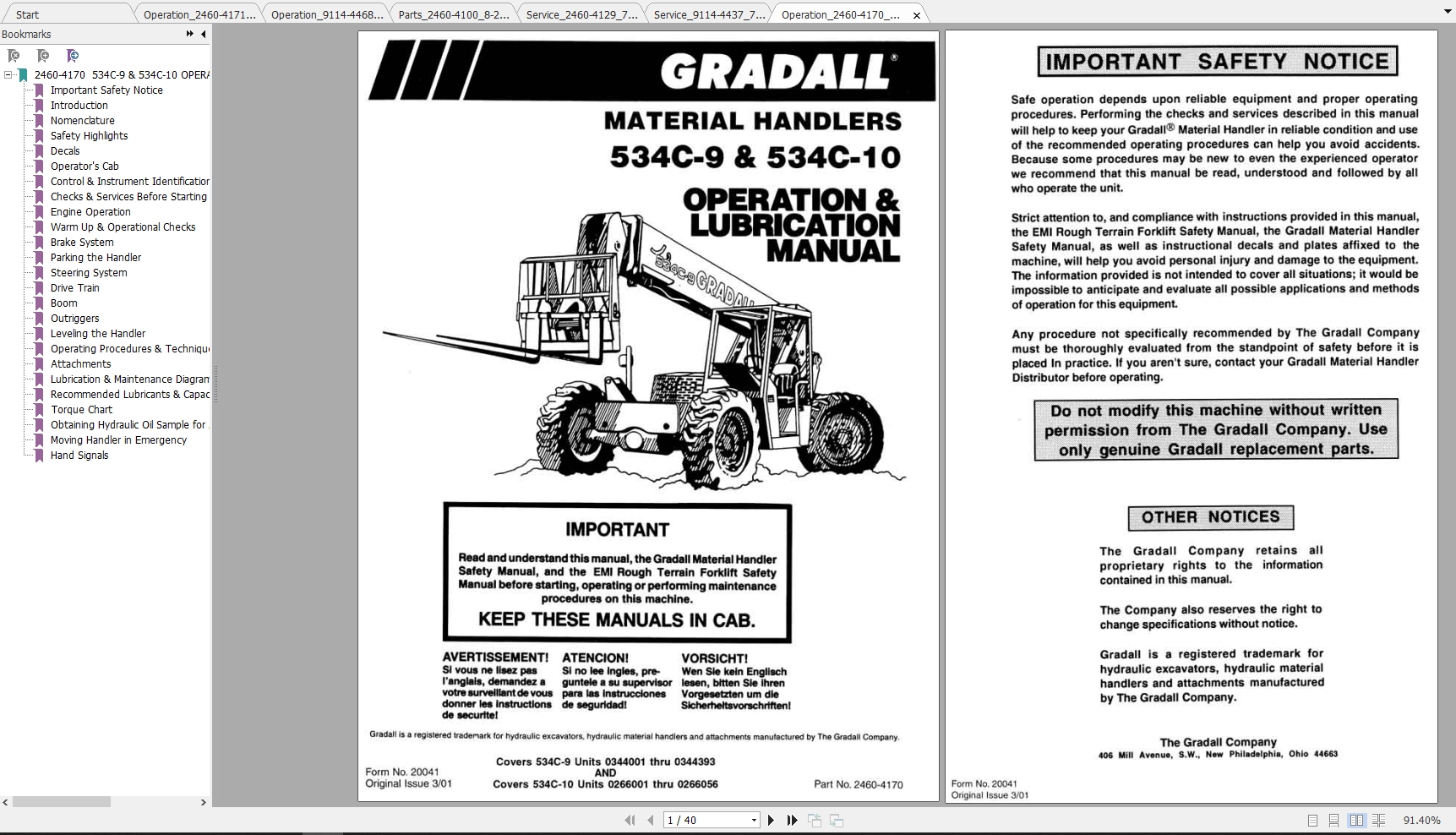 JLGGradall TeleHandler 534C9 534C10 Operators Service & Parts Manuals