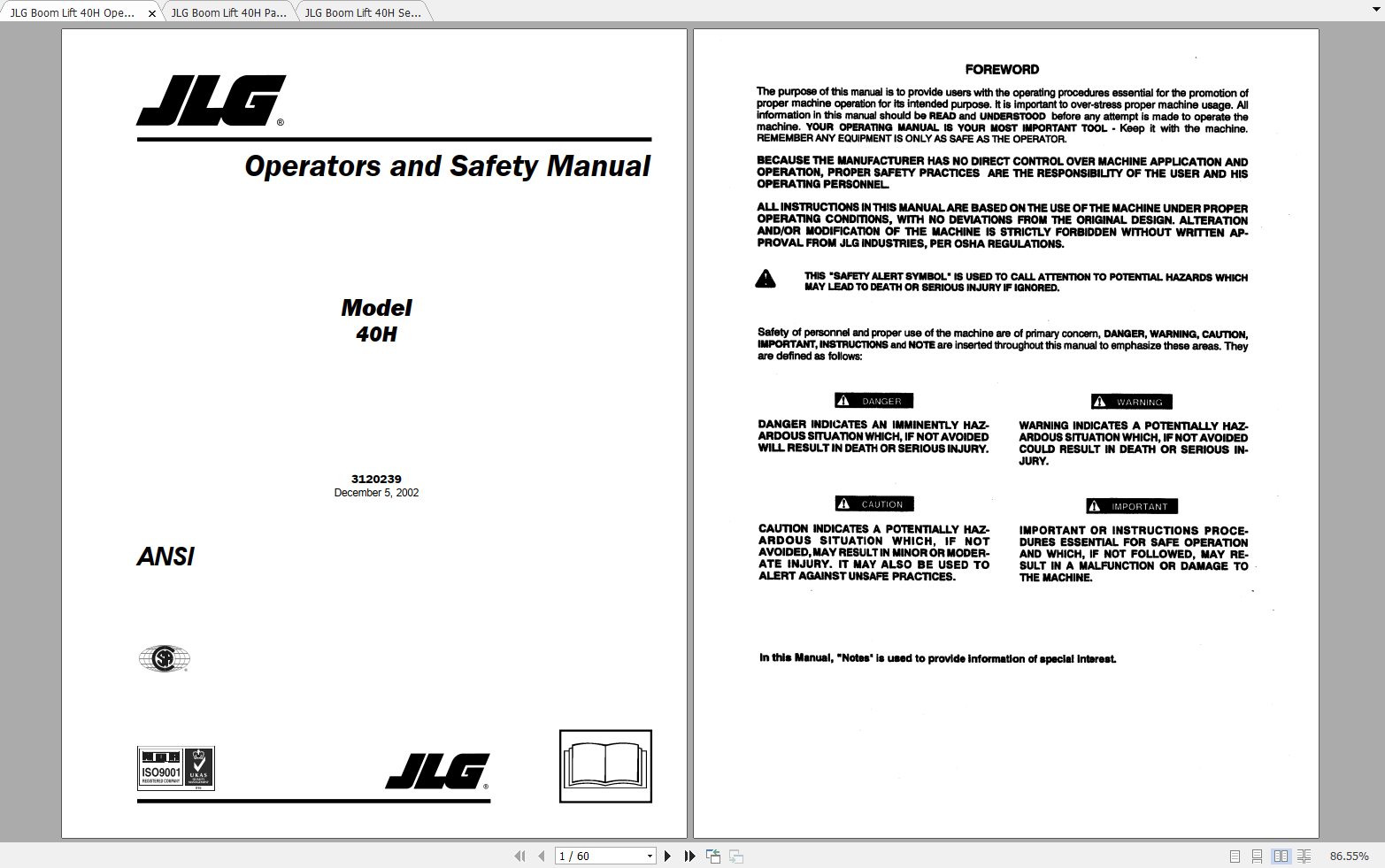 JLG Boom Lift 40H Operation, Service & Parts Manuals