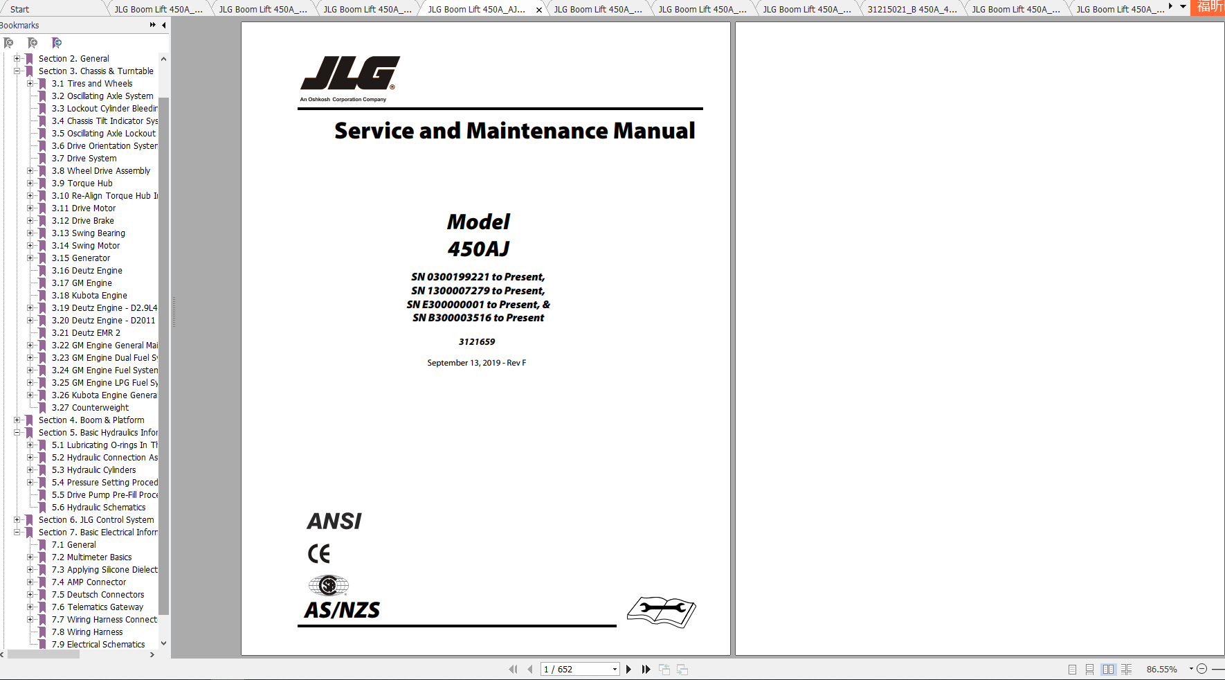 JLG Boom Lift 450A 450AJ Operation, Service & Parts Manuals