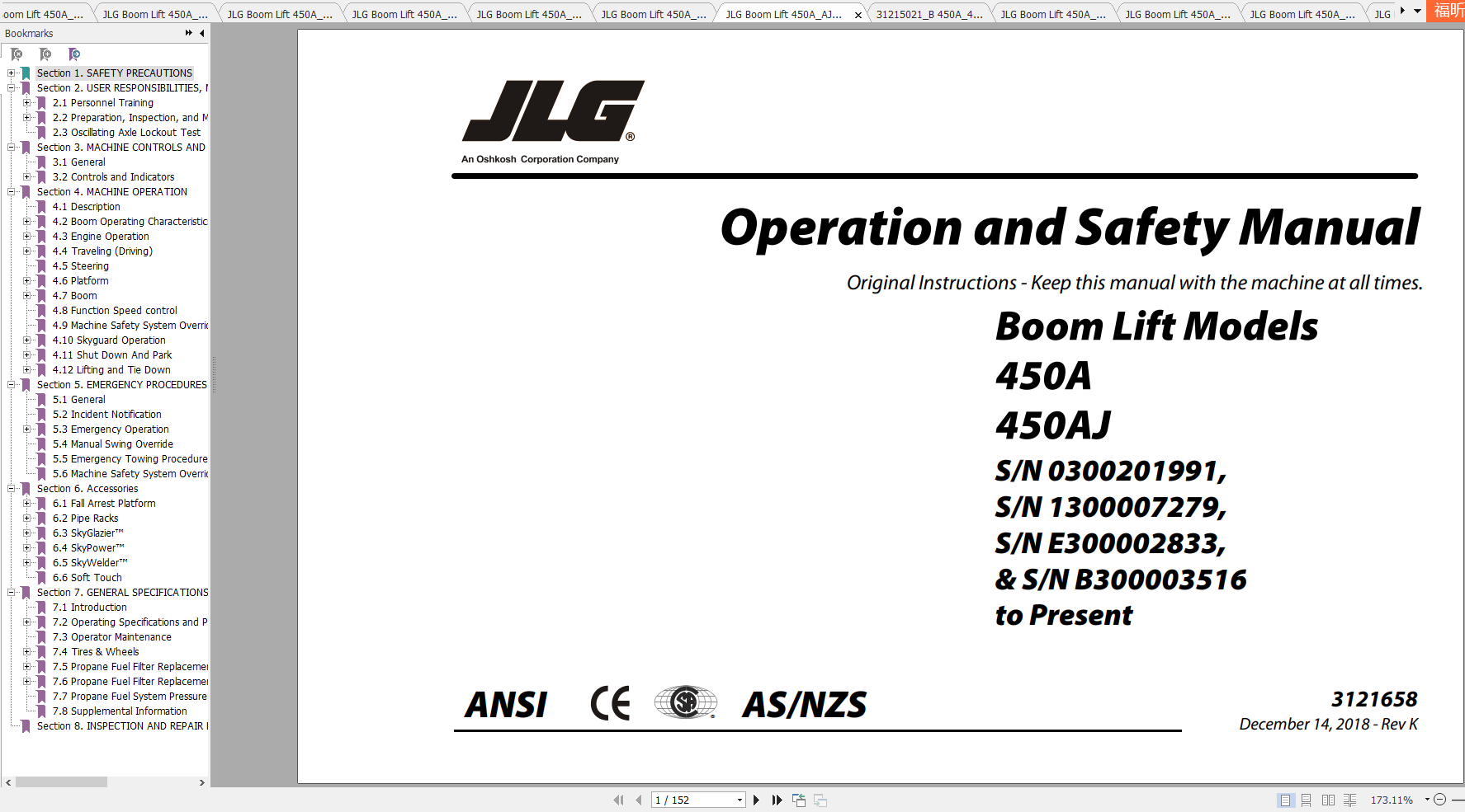 JLG Boom Lift 450A 450AJ Operation, Service & Parts Manuals