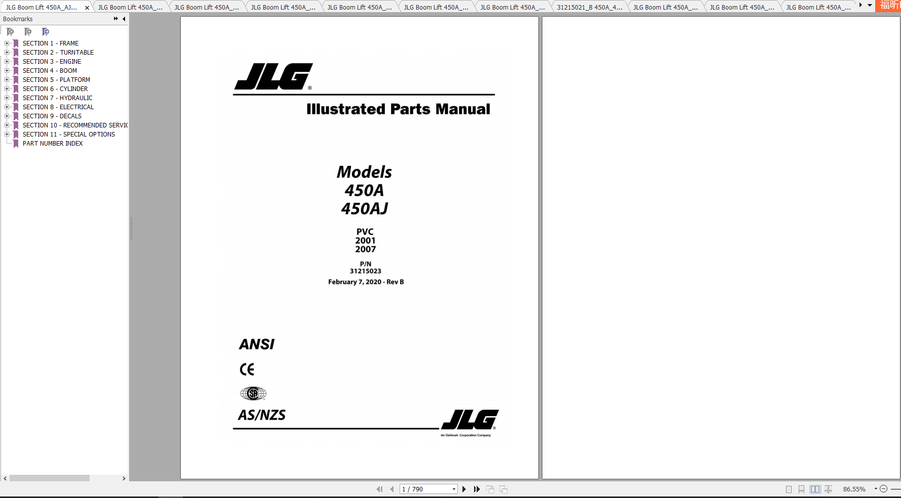 JLG Boom Lift 450A 450AJ Operation, Service & Parts Manuals