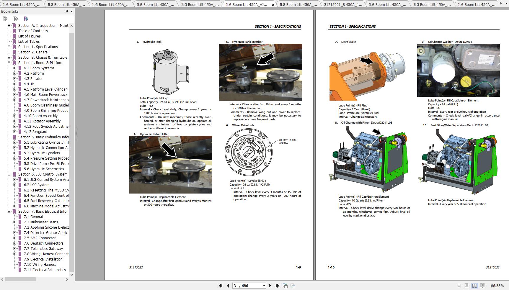 JLG Boom Lift 450A 450AJ Operation, Service & Parts Manuals