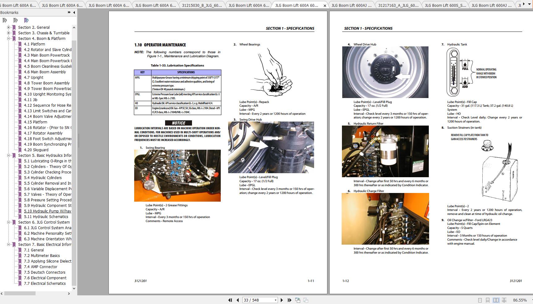 JLG Boom Lift 600A 600AJ Operation, Service & Parts Manuals