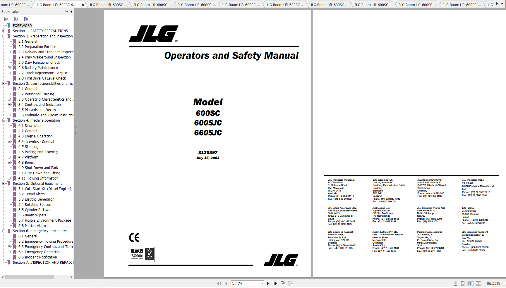 JLG Boom Lift 600SC 600SJC 660SJC Operation, Service & Parts Manuals