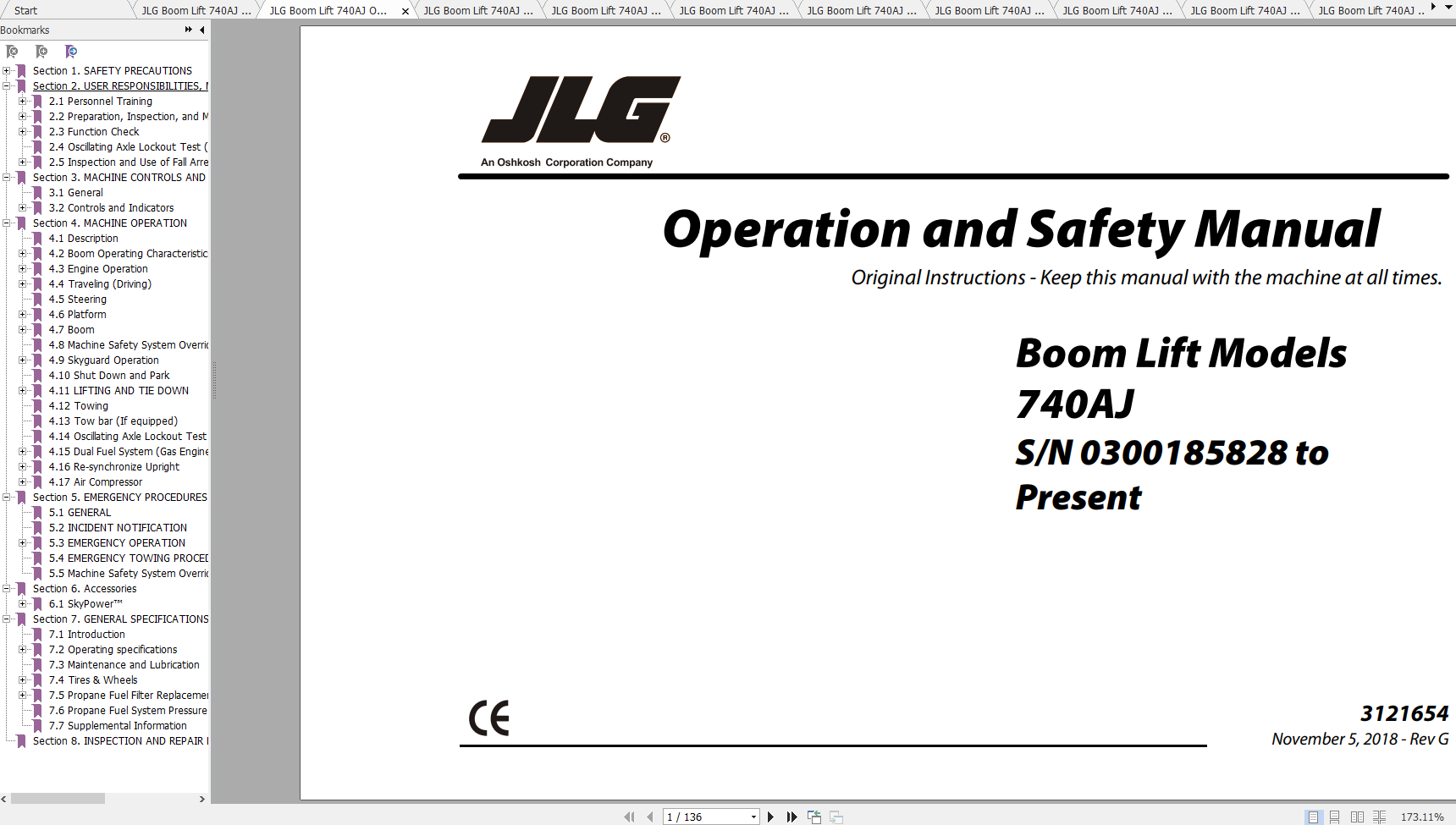 JLG Boom Lift 740AJ Operation, Service & Parts Manuals