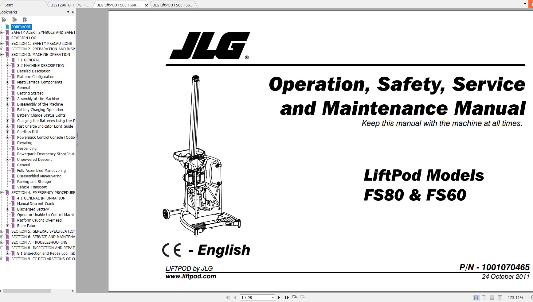 JLG LiftPOD FT70 FT140 FS80 FS60 Operation, Safety, Service