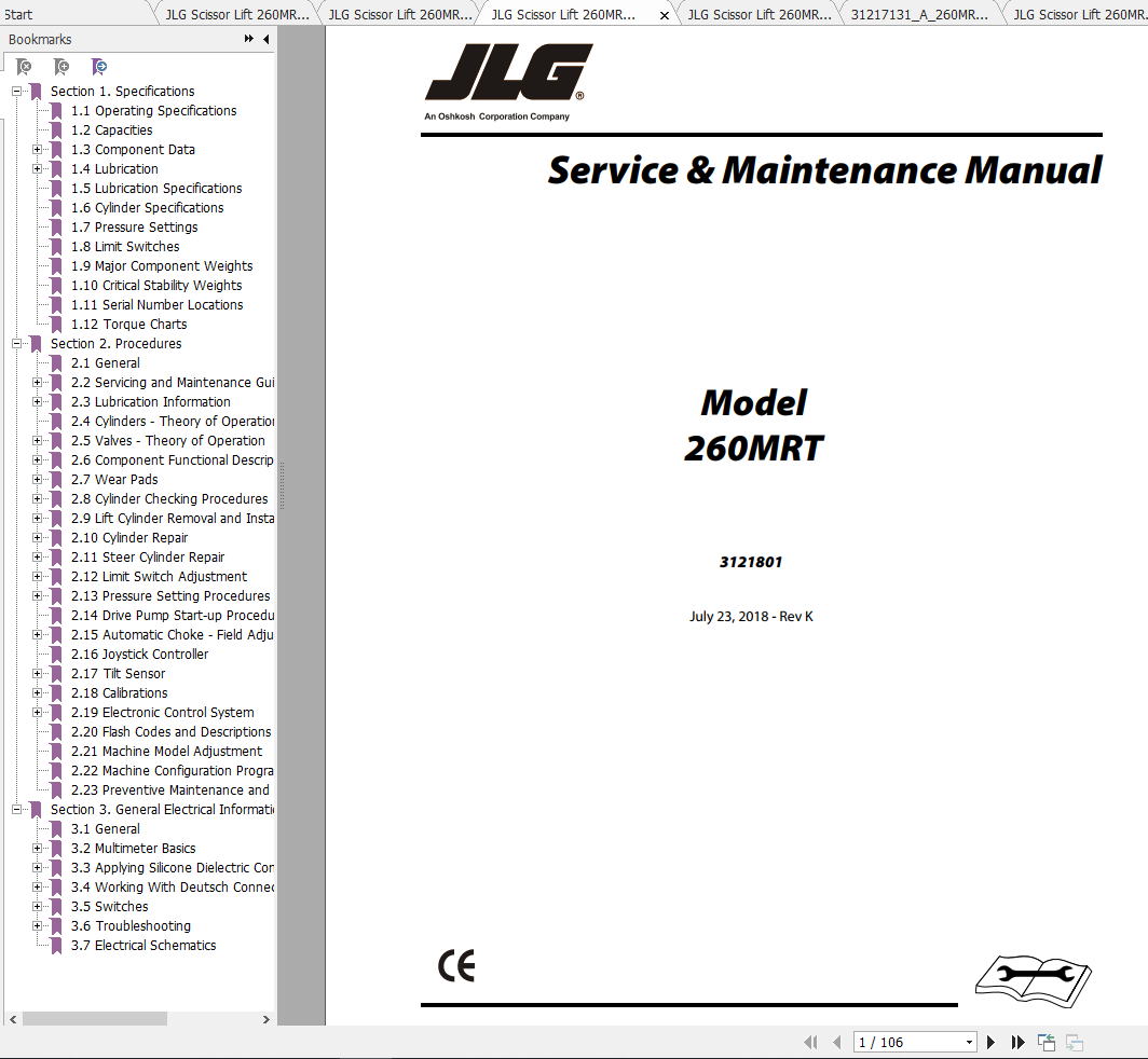 JLG Scissor Lift 260MRT Operation, Service & Parts Manuals