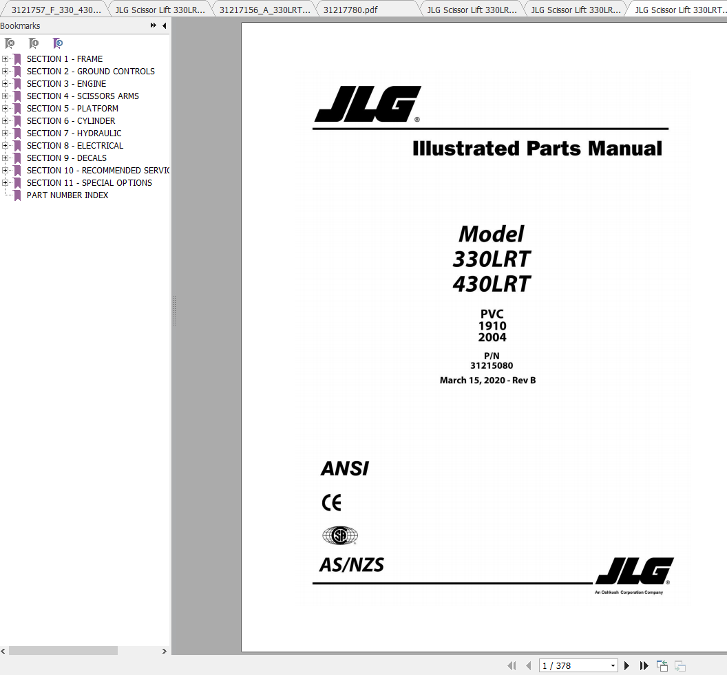 JLG Scissor Lift 330LRT 430LRT Operation, Service & Parts Manuals