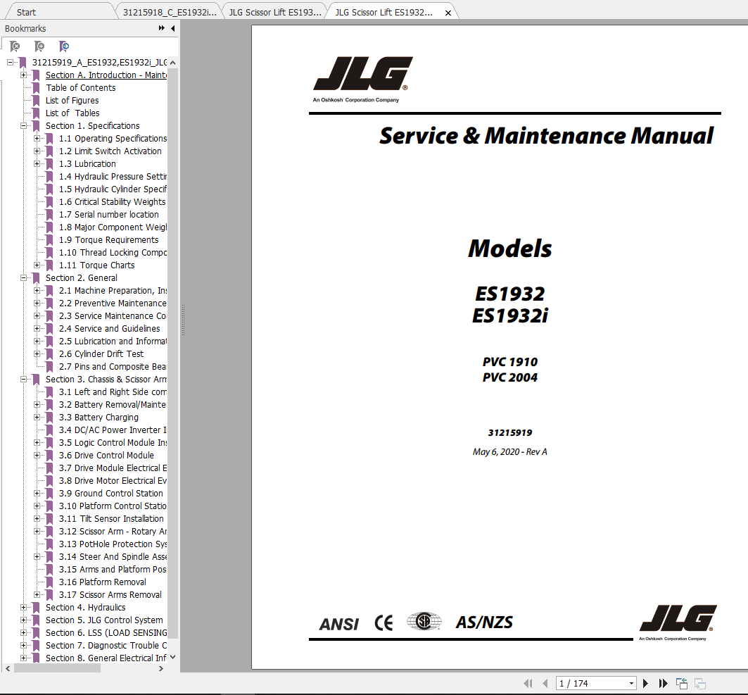 JLG Scissor Lift ES1932, ES1932i Operation, Service & Parts Manuals