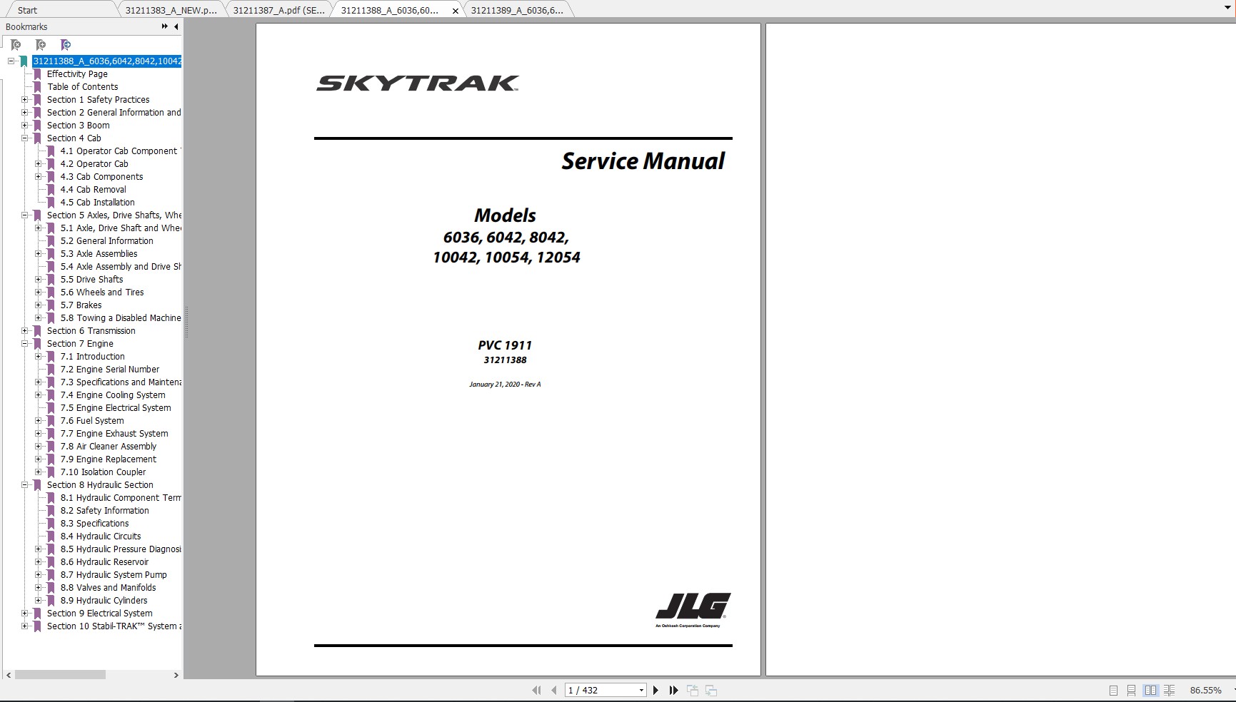 JLG SkyTrak TeleHandler 6042 PVC 1911 Operation, Service & Parts