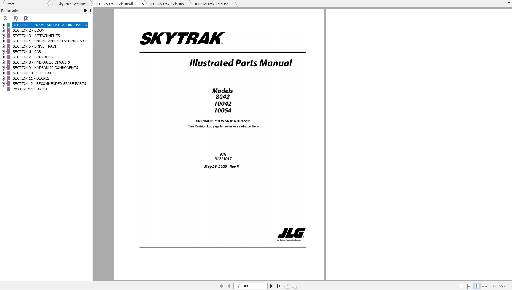 JLG SkyTrak TeleHandler 8042 10042 10054 Operation, Service & Parts