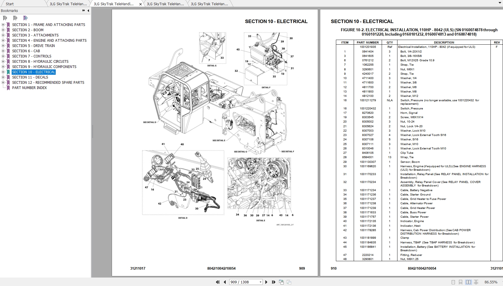 JLG SkyTrak TeleHandler 8042 10042 10054 Operation, Service & Parts