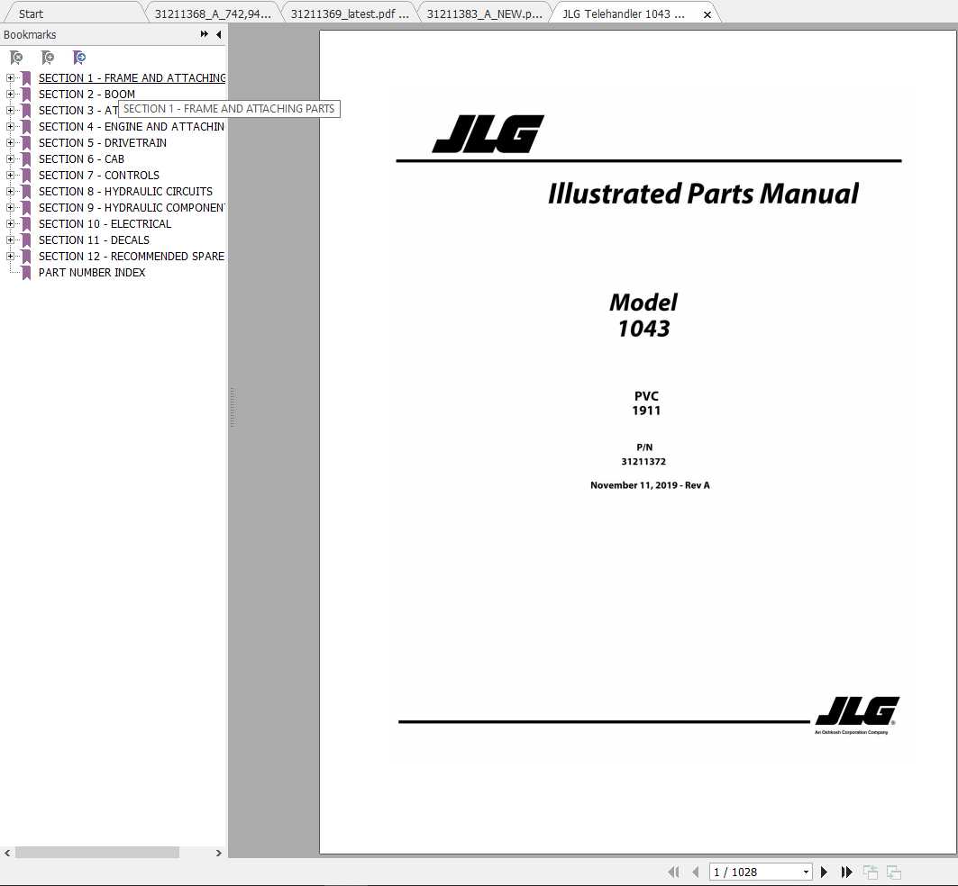 JLG Telehandler 1043 (PVC 1911) Operation, Service & Parts Manuals