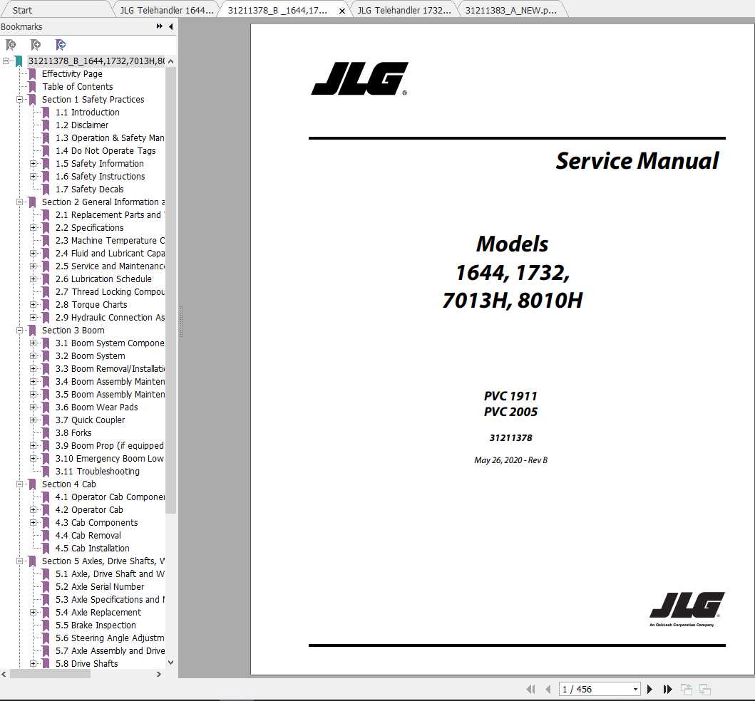 JLG Telehandler 1732 (PVC 1911,2005) Operation, Service & Parts Manuals