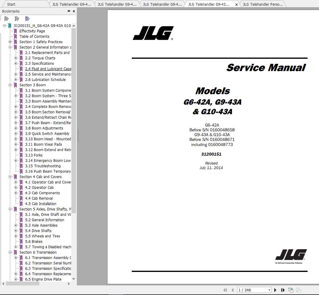 JLG Telehandler G943A G1043A Operation, Service & Parts Manuals