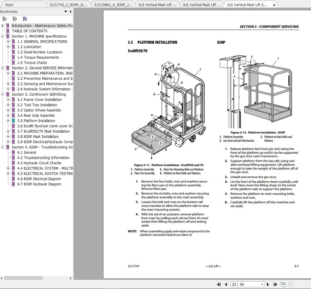 JLG Vertical Mast Lift 830P Operation, Service & Parts Manuals