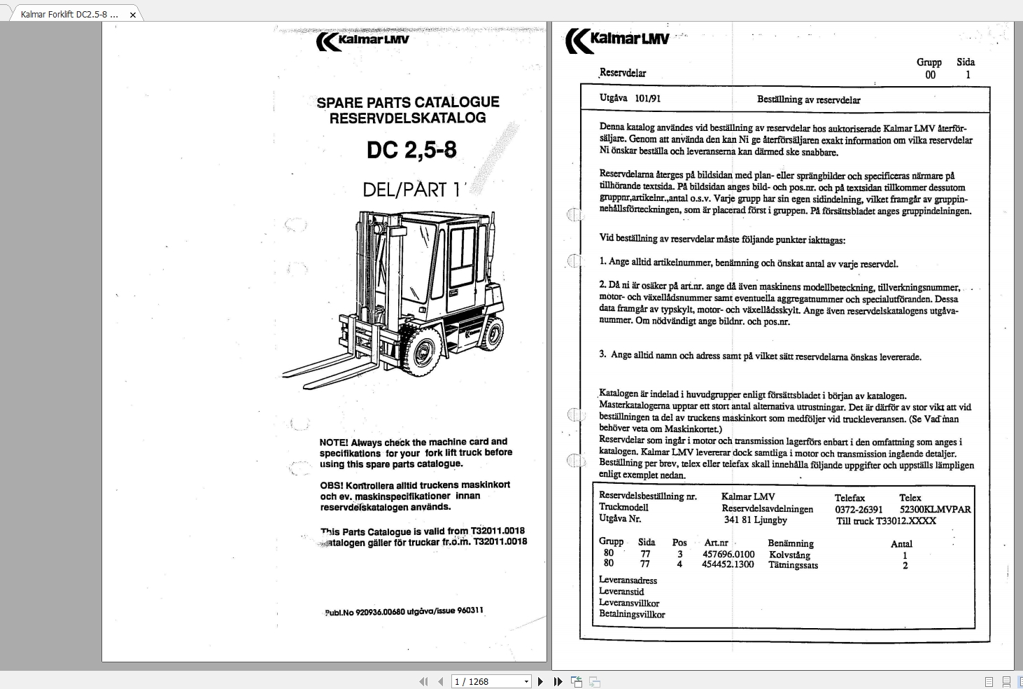 Kalmar Forklift DC2.58 DELPart1 Parts Catalogue_9209360068