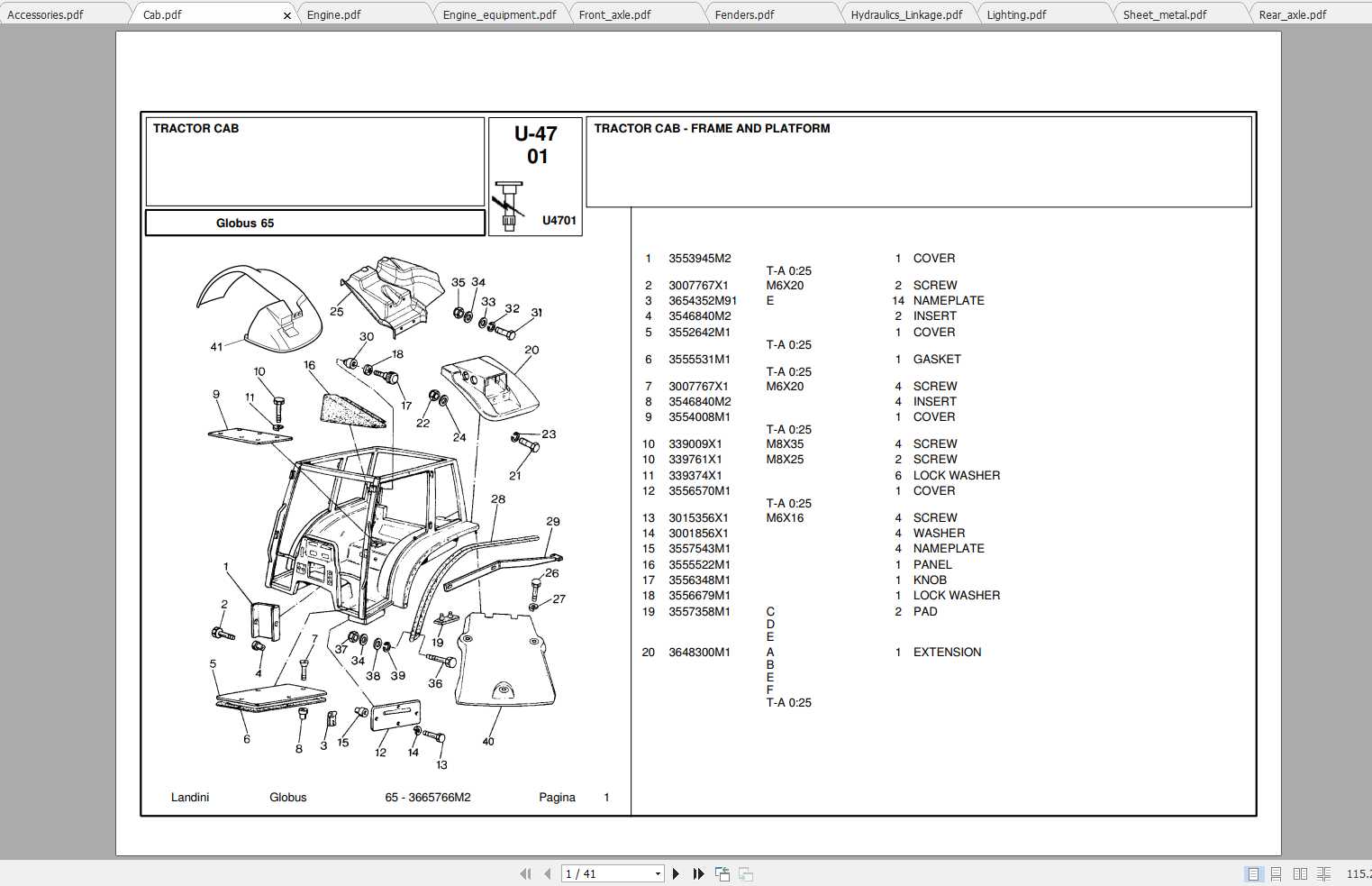 Landini Tractor Globus 65 Parts Catalog_3665766M2