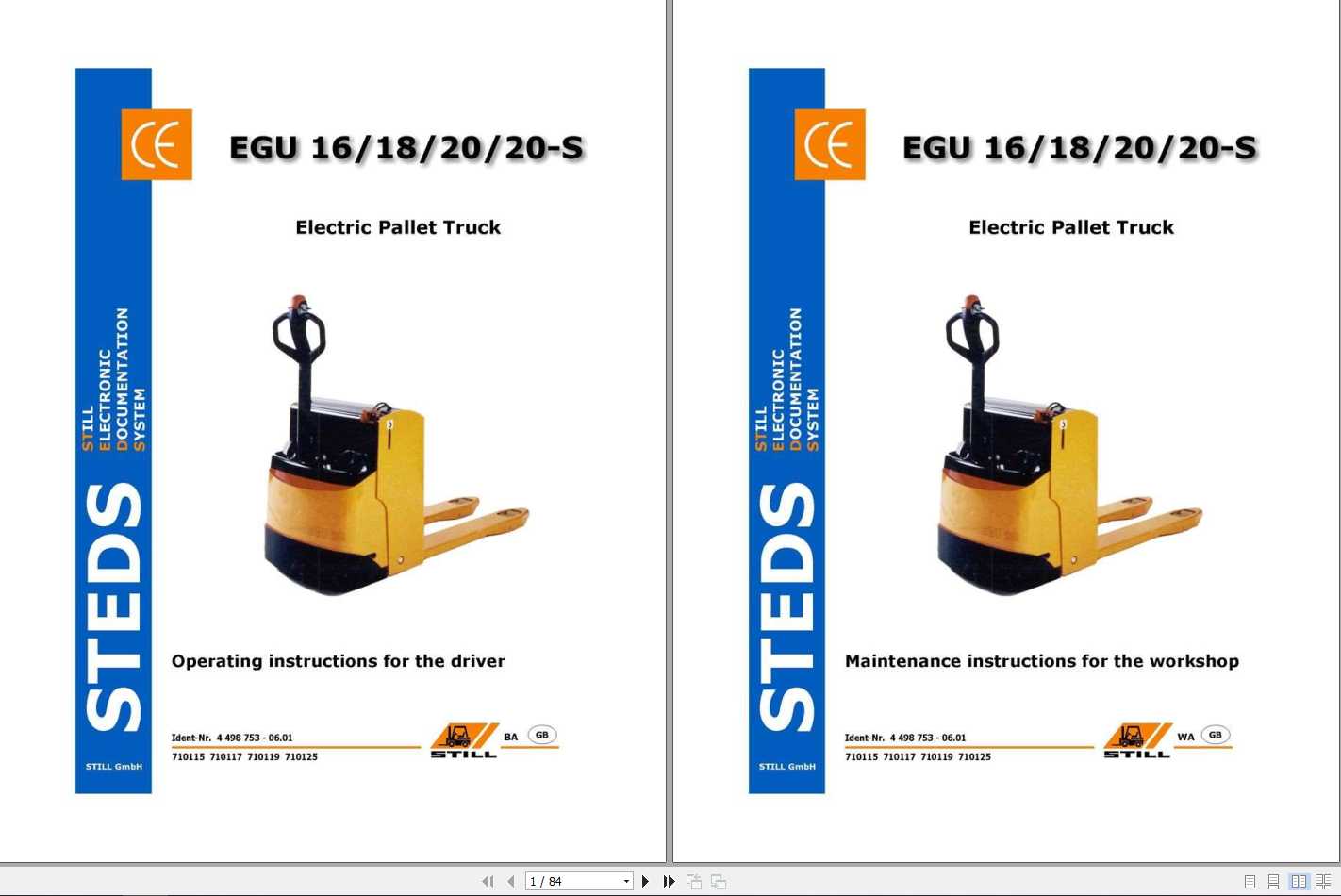 Still Electric Pallet Truck EGU 16 18 20 20S Operating & Maintenance