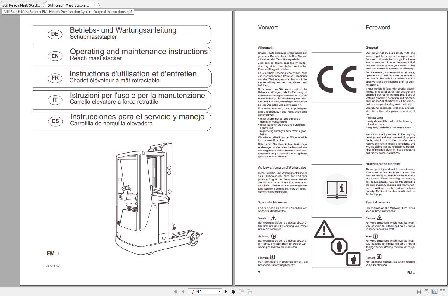 Still Reach Mast Stacker FMI Operating & Maintenance Instructions