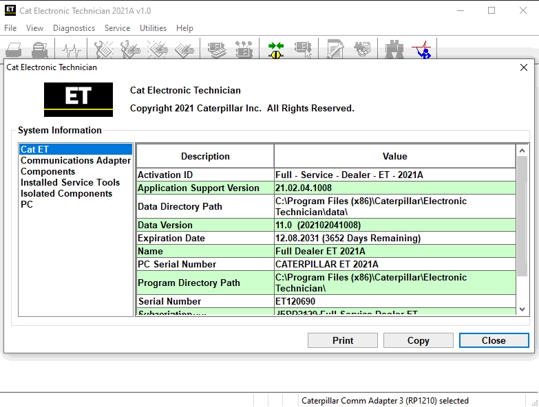 Caterpillar Electronic Technician CAT ET 2021A + FPKG License Active