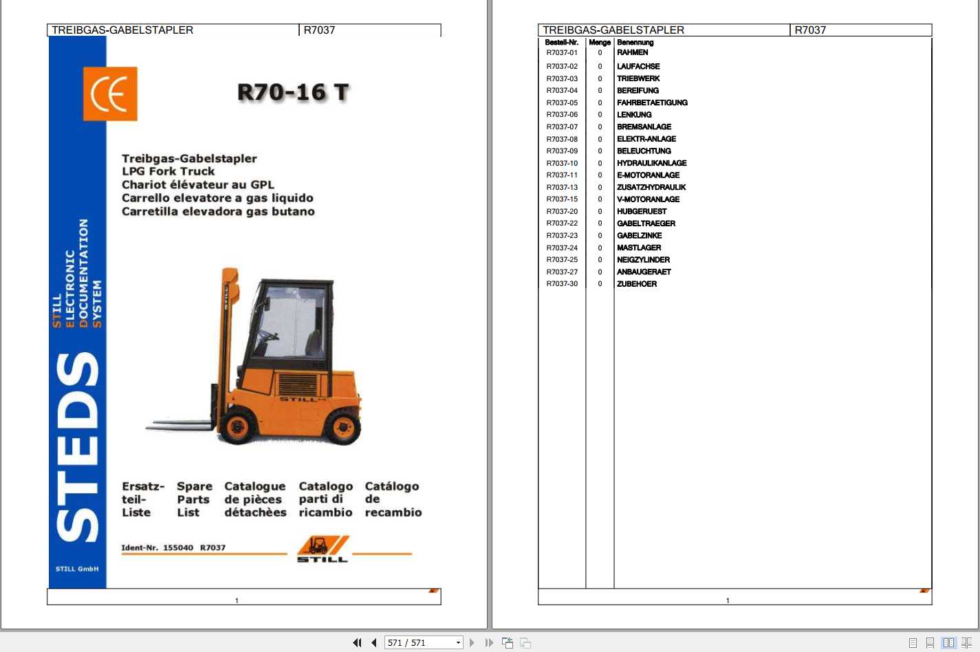 Still LPG Fork Truck R7016T (R7037) Spare Parts List DE Still LPG Fork Truck R7016T (R7037) Spare Parts List DE